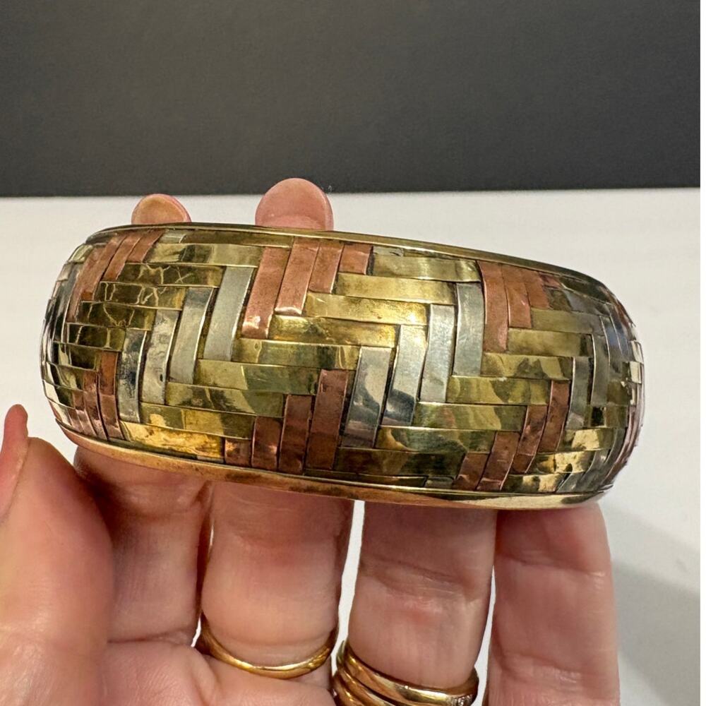 Vintage 70s Chunky Woven Chevron Brass,Copper, Silver Tone Bangle Bracelet